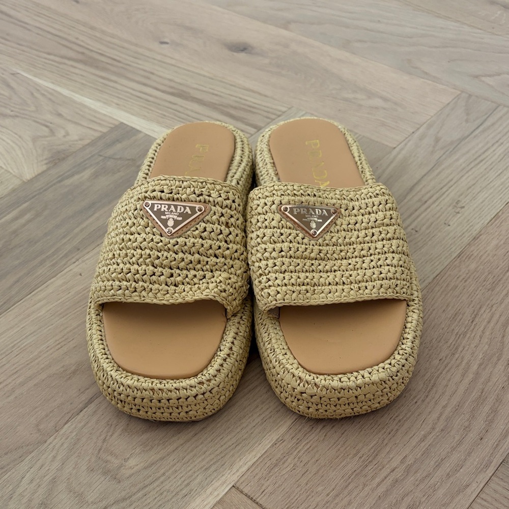 Prada Inspired Tan Woven Slide Sandals